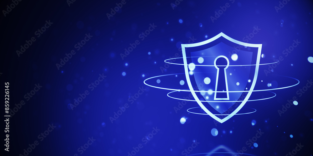 Poster a glowing blue shield with a keyhole, symbolizing cybersecurity, on a dark blue bokeh background, de