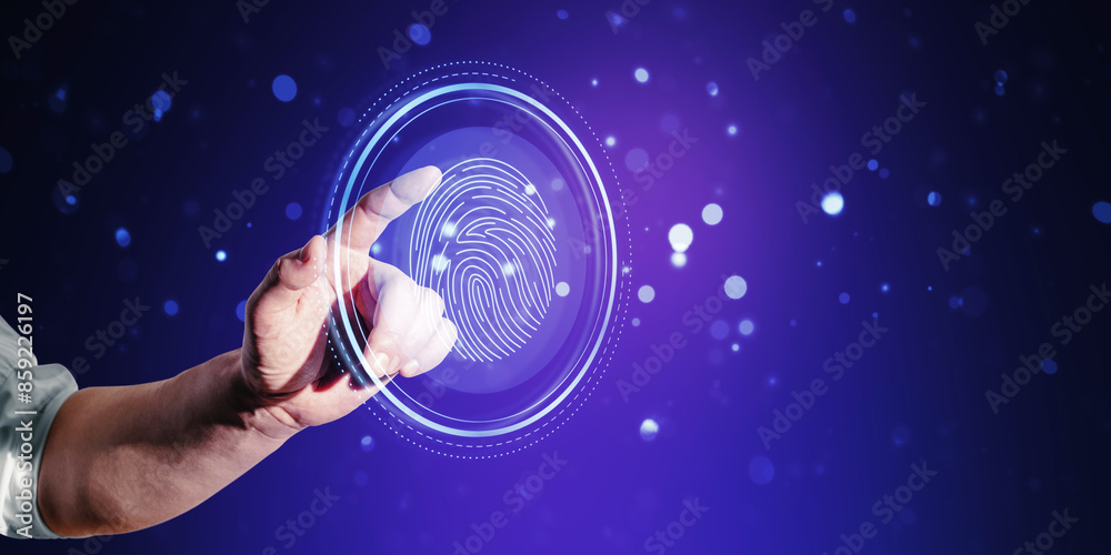 Poster hand interacting with a digital fingerprint hologram, symbolizing cyber security on a dark blue boke