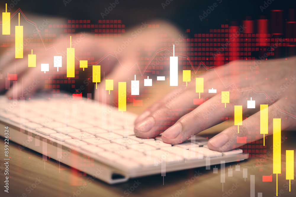 Poster hands typing on a keyboard with a double exposure of financial graphs, symbolizing market analysis o