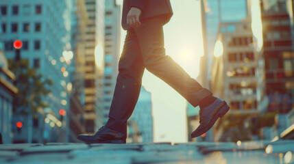 High-definition profile shot of a businessperson taking a purposeful step, emphasizing realism and dynamic movement. Urban backdrop adds depth and context.