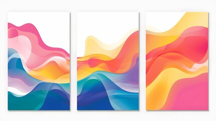 Set of three floral vertical posters with multicolored abstract wavy lines