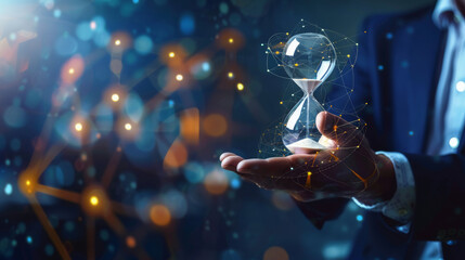 A hand holding a transparent hourglass with sand, surrounded by abstract digital elements, symbolizes the intersection of time and technology.