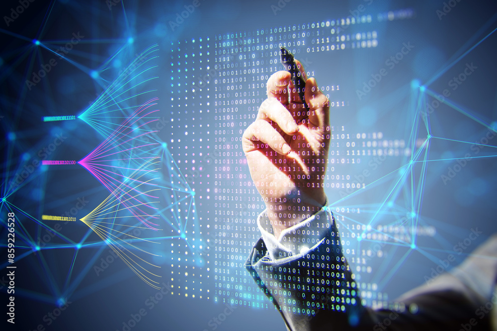 Poster A person interacting with a futuristic holographic interface featuring digital data and connections on a blue background, showcasing technology concept
