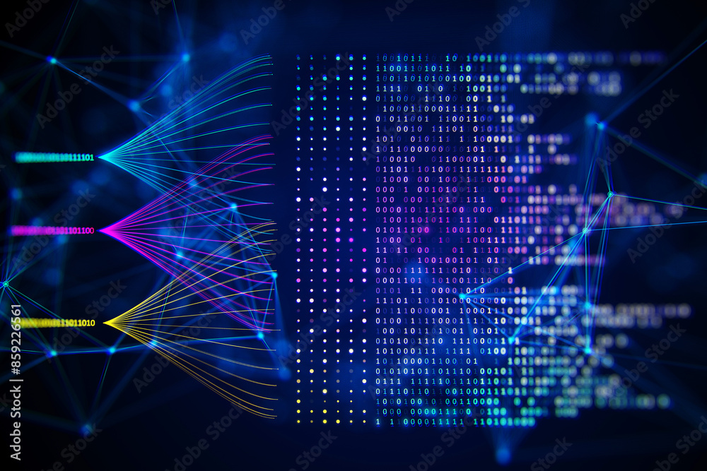 Poster Abstract digital data streams on a dark blue background, conveying the concept of big data and cloud technology. 3D Rendering