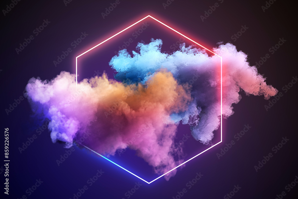 Poster a vibrant, neon-lit hexagon enclosing a colorful cloud pattern on a dark background, perfect for a m
