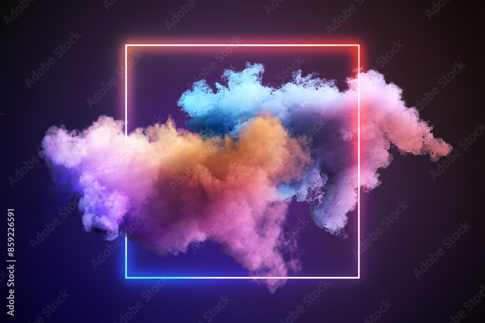 Poster colorful smoke within a neon rectangle on a dark background, depicting a creative and modern design 