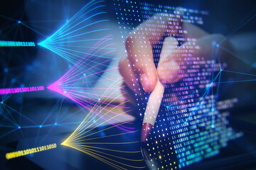 A hand interacts with a visual interface of data and holographic shapes on a dark blue background, portraying a concept of technology