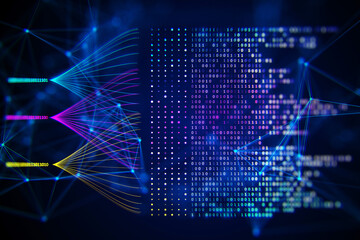 Abstract digital data streams on a dark blue background, conveying the concept of big data and...