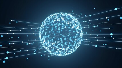 A glowing blue sphere made of tiny dots with streams of blue light flowing toward it on a dark blue background.

