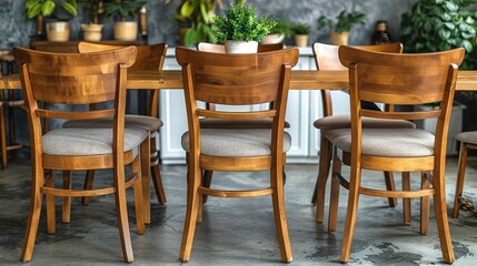 Obraz premium Wooden chairs at table in grey dining room interior with plants and white cupboard. 