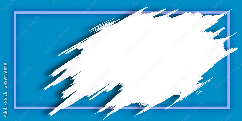 Poster blue background with a white abstract brushstroke and a frame, concept of creative design space. 3d 