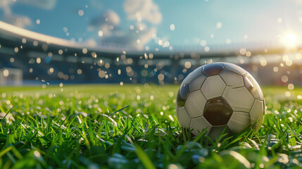 Fototapeta premium Close up of a soccer ball in the center of the stadium field
