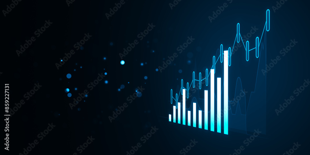 Poster abstract financial growth chart with glowing outlines on a dark blue background, concept of business