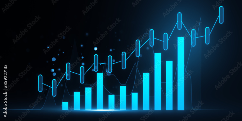 Poster a dynamic financial growth chart with glowing lines, bars on a dark blue background, illustrating th