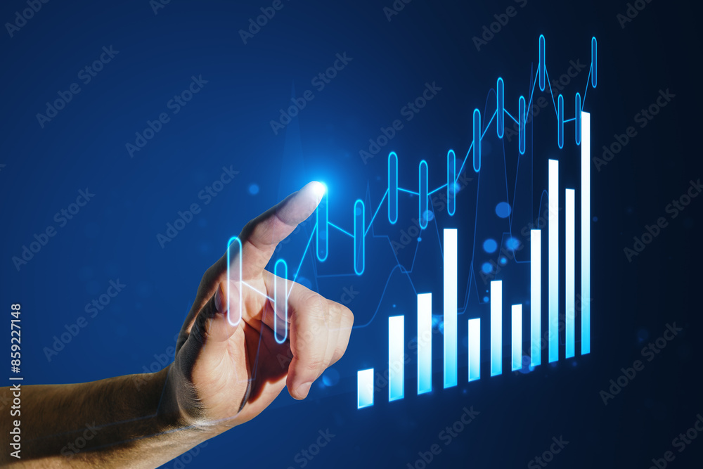 Poster A hand interacting with glowing digital graphs on a blue background, symbolizing business analytics and futuristic data interaction