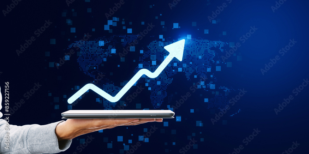 Poster a hand holding a tablet displaying a graph arrow soaring upwards, representing growth, against a dig