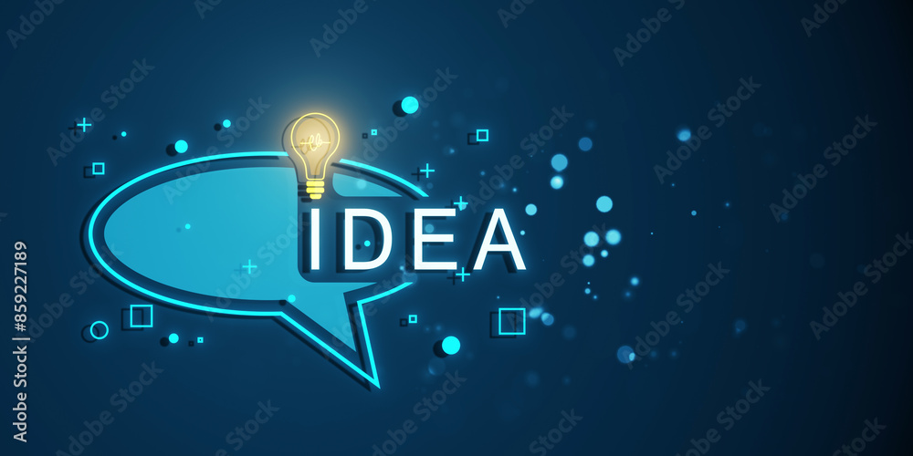 Poster a speech bubble with idea text and lightbulb, neon style, on a blue background, concept of creative 
