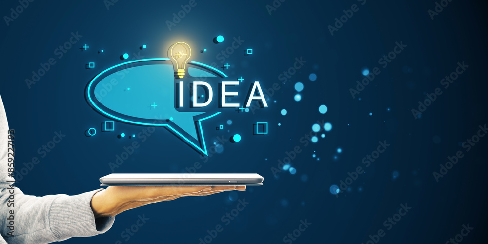 Poster a hand holding a tablet with a bright lightbulb and idea caption in a speech bubble on a blue backgr