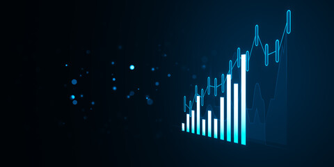 Abstract financial growth chart with glowing outlines on a dark blue background, concept of...