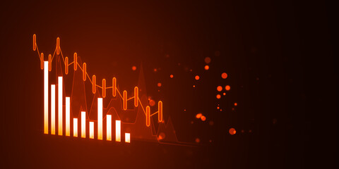 Glowing bar graph and line charts on a dark red background, representing financial growth or analytics concept, modern neon design style. 3D Rendering