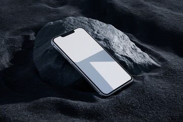 A black phone is sitting on a large black rock. The background is black sand or pebbles.

