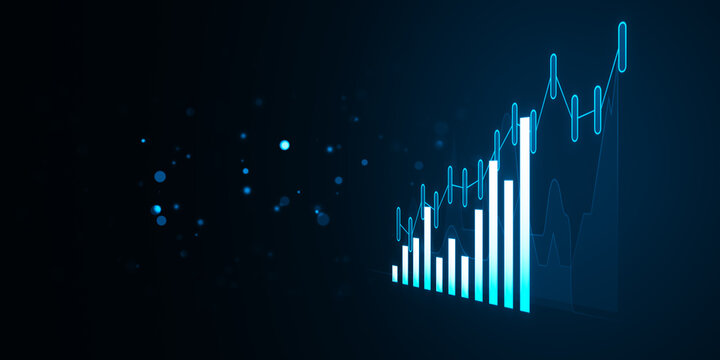 Abstract financial growth chart with glowing outlines on a dark blue background, concept of business progress. 3D Rendering