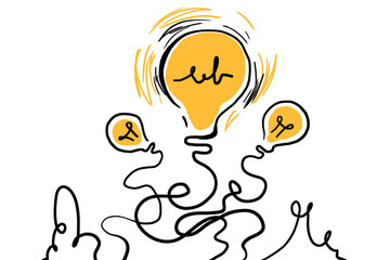 A hand drawn depiction of lightbulbs symbolizing ideas, with a large central bulb and smaller bulbs connected by lines on a white background, expressing a creative concept