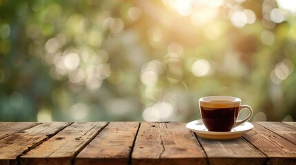 Wooden table with coffee cup cafe flyer empty space