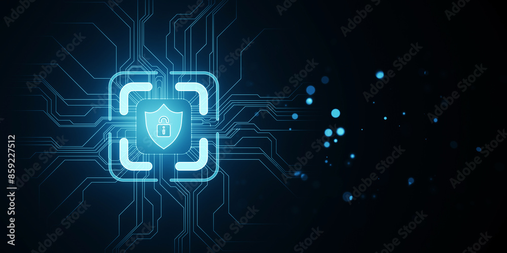 Poster A digital cybersecurity lock icon integrated into a circuit pattern, with a glowing blue background, symbolizing data protection. 3D Rendering