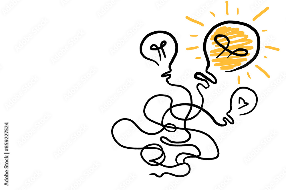 Poster hand-drawn lightbulbs on a white background with one illuminated, symbolizing a bright idea or solut