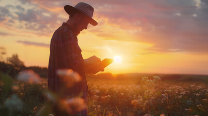 Farmer uses tablet in the glowing light of sunset on farm. Concept Agriculture Technology, Rural Lifestyle, Sunset Scene, Digital Farming, Farmer with Tablet