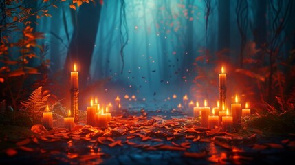 Fototapeta premium Illuminated Forest Path With Glowing Candles and Autumn Leaves