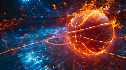 Obraz premium Fiery Basketball In Flames, neon lines basketball light background arena. Futuristic sports concept