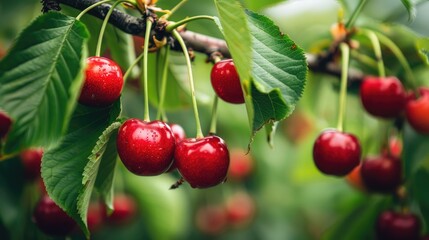 Obraz premium Ripe cherries hanging from tree