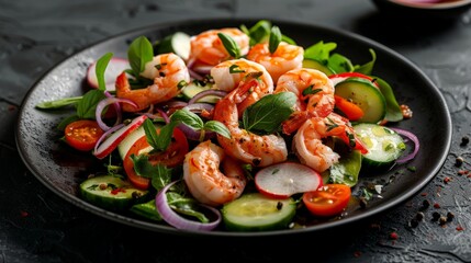 Salad with fresh vegetables and seafood. Delicious shrimps on a plate. Healthy eating