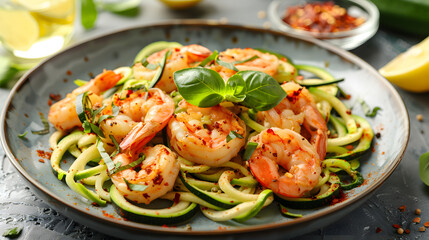 Gluten-Free Shrimp Scampi with Zucchini Noodles Presentation. Concept Gluten-Free Cooking, Shrimp Scampi Recipe, Zucchini Noodles, Culinary Presentation