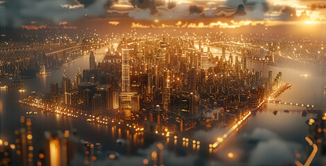 Fototapeta premium Bright city with gold elements. Aerial high view. Generative AI.