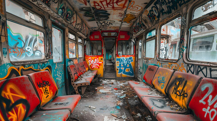 Fototapeta premium graffiti on the interior of a bus car train interior in graffiti abandoned. An abandoned and deteriorated train with graffiti