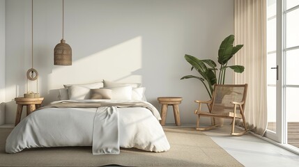 
A minimal bedroom interior with cozy coastal decor, featuring a comfortable bed, stylish furniture, and a serene modern design background, captured in high definition.