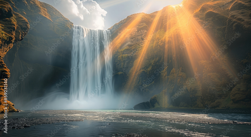 Poster A waterfall enveloped in a light mist, with sun rays breaking through the clouds and illuminating. Generative AI.
