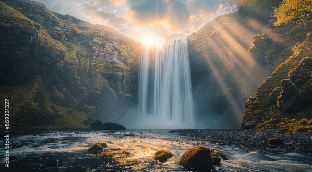 Poster A waterfall enveloped in a light mist, with sun rays breaking through the clouds and illuminating. Generative AI.