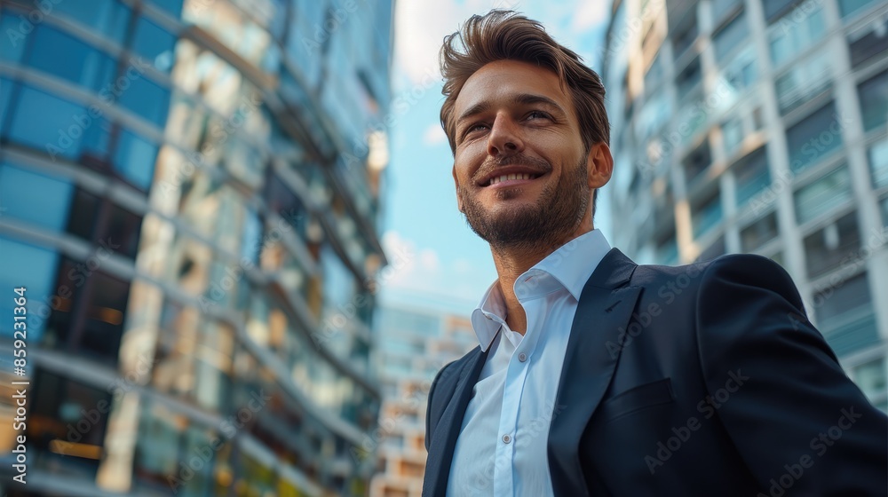 Poster portrait of a smiling businessman in a suit in front of a modern office building. generative ai.