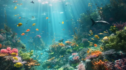 
A picturesque underwater landscape featuring a thriving coral reef, with an array of tropical fish darting around and marine plants creating a rich tapestry on the seabed. 