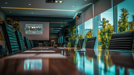Modern conference room, large windows, presentation screen, polished table, professional atmosphere, detailed decor, bright and clear