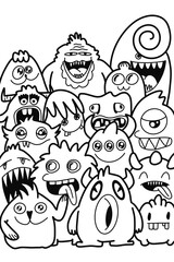 Hand-drawn illustrations, monsters doodle, Hand Drawn cartoon monster illustration,Cartoon crowd doodle hand-drawn Doodle style.black and white stripes coloring  book.