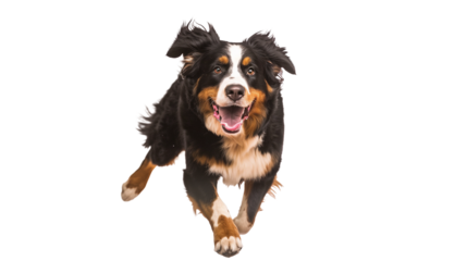 Full body shot of Bernese Mountain dog, running happily, smiling.