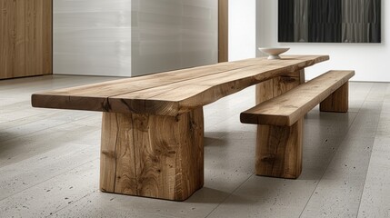 Wooden furniture in minimal dining room interior design  