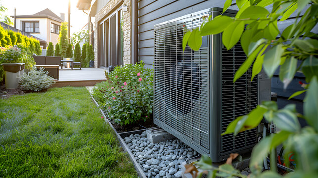 Installation of a heat pump system with the text PAC Pompe chaleur visible. Concept Heat Pump Installation, PAC System, Visible Pompe &agrave; chaleur