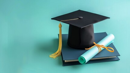 Black Graduation Cap and Diploma on Teal Background