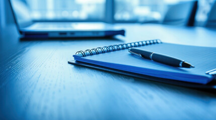 Notepad and pen on a table in blue tones, set up before a meeting. Business concept with ample copy space for notes or text.